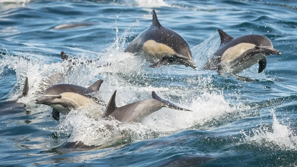 A pod of dolphins leaps joyfully out of the ocean, creating splashes in the blue water under bright sunlight.